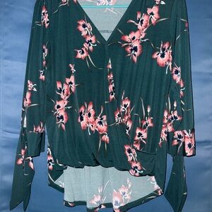 Beacon Floral Wrap Blouse - Teal and Pink